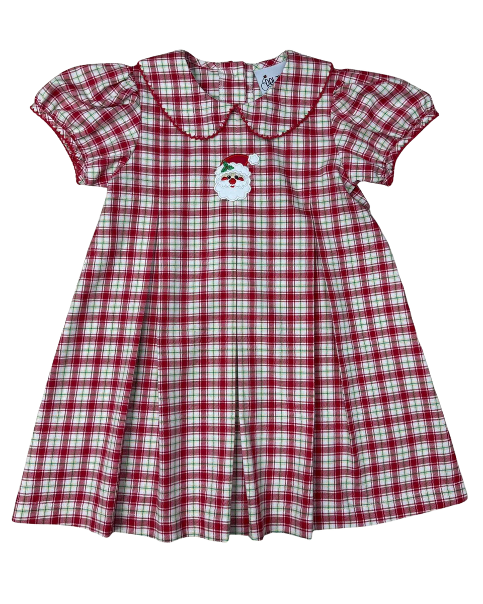 Girls Red/Green Check Pleated Front Dress with Santa Applique