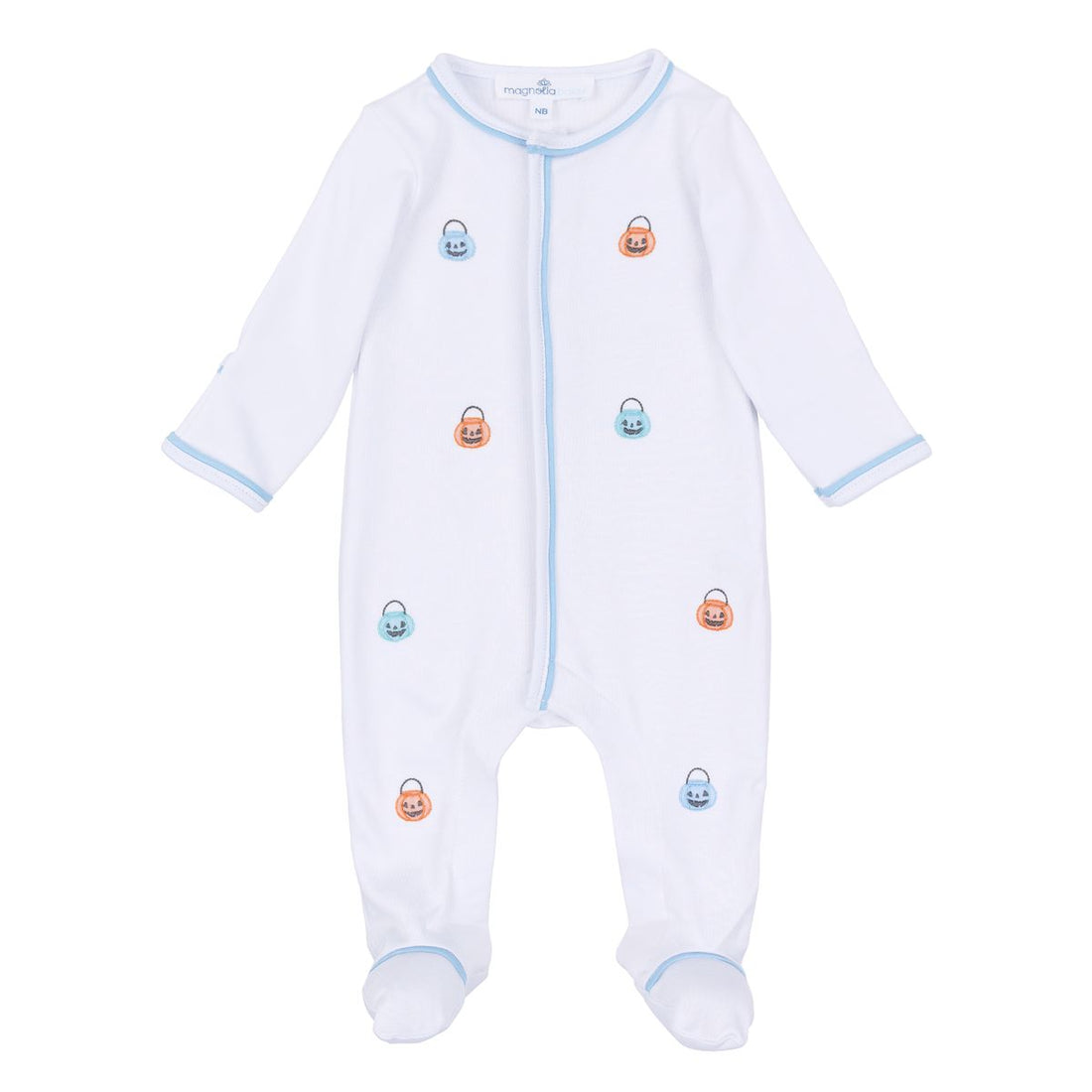 Pumpkin Party Embroidered Footie: Light Blue