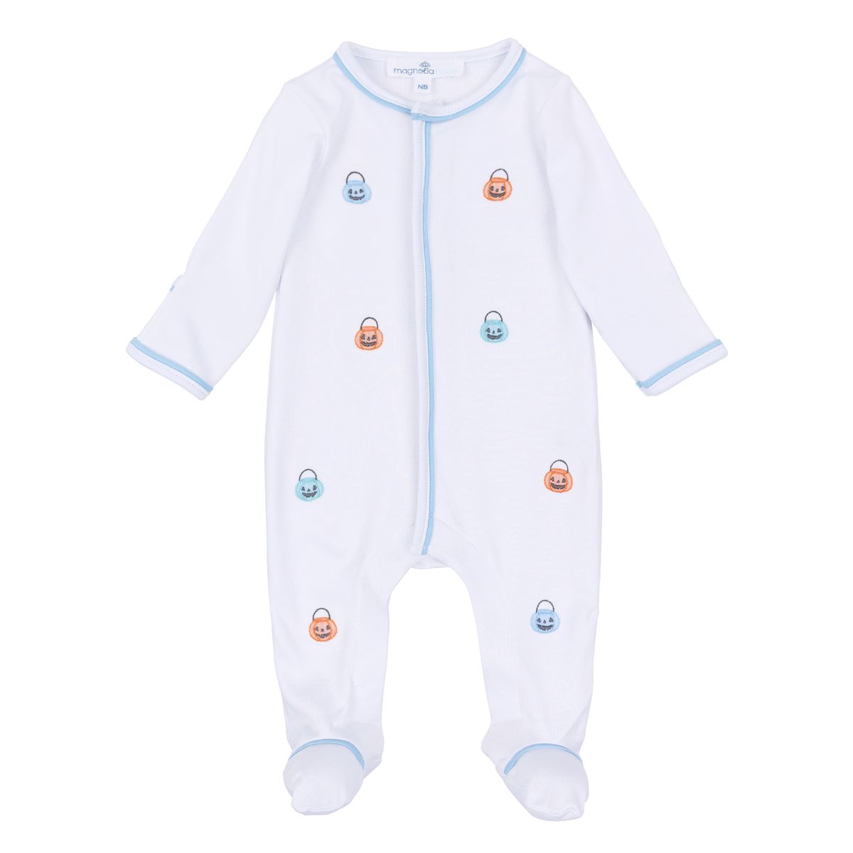 Pumpkin Party Embroidered Footie: Light Blue