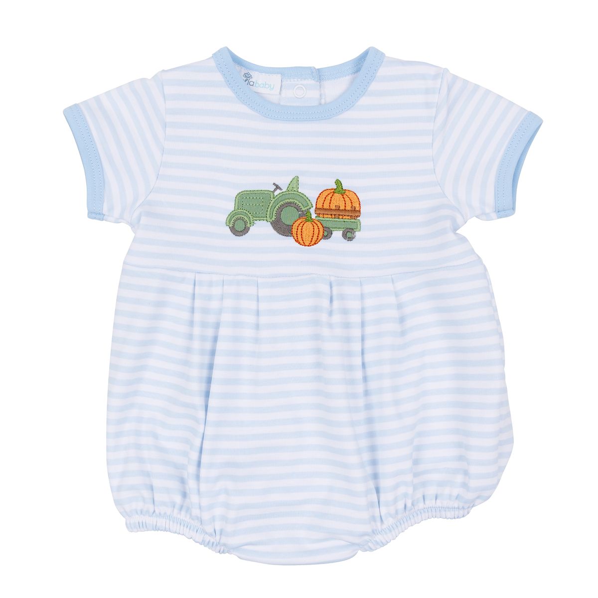 Pumpkin Tractor Applique Light Blue S/S Boy Bubble
