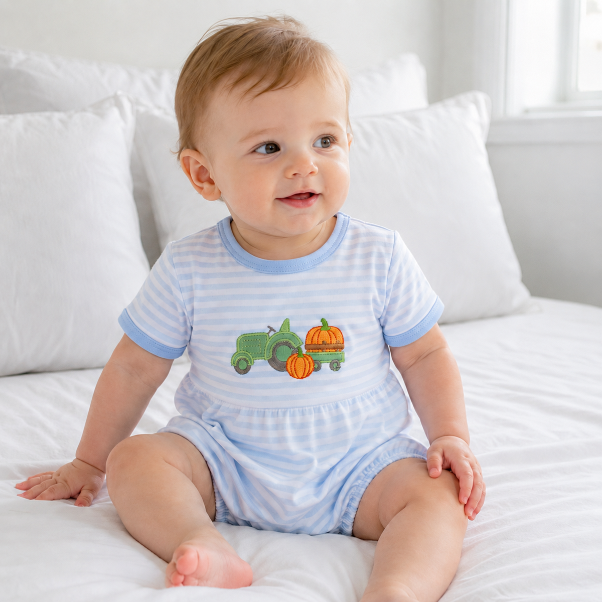 Pumpkin Tractor Applique Light Blue S/S Boy Bubble