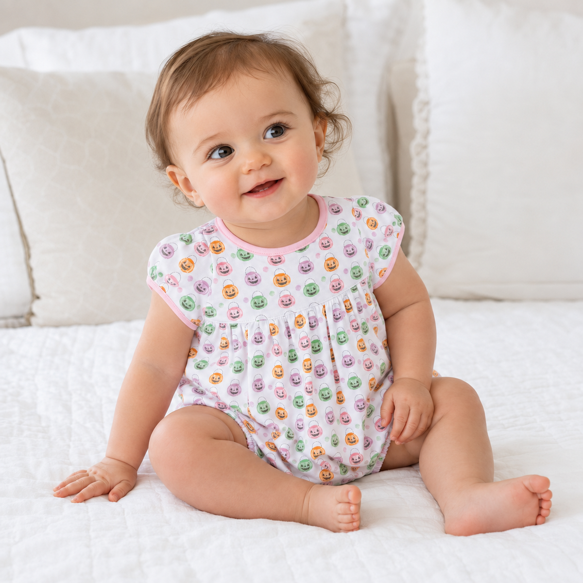 Pumpkin Party Print Short Sleeve Bubble: Pink
