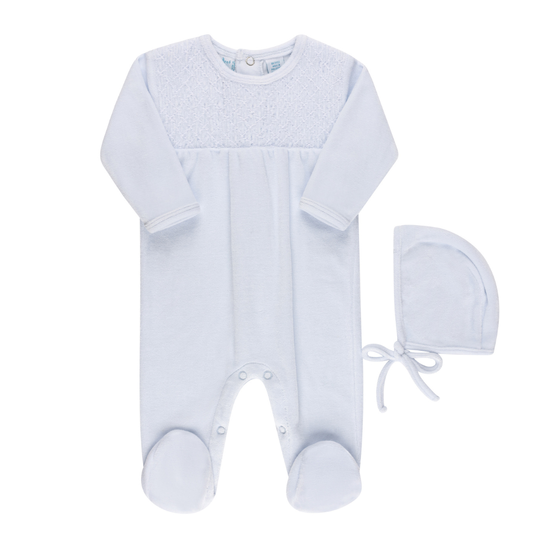 Baby Boys Hand Smocked Velour Romper With Bonnet: Blue