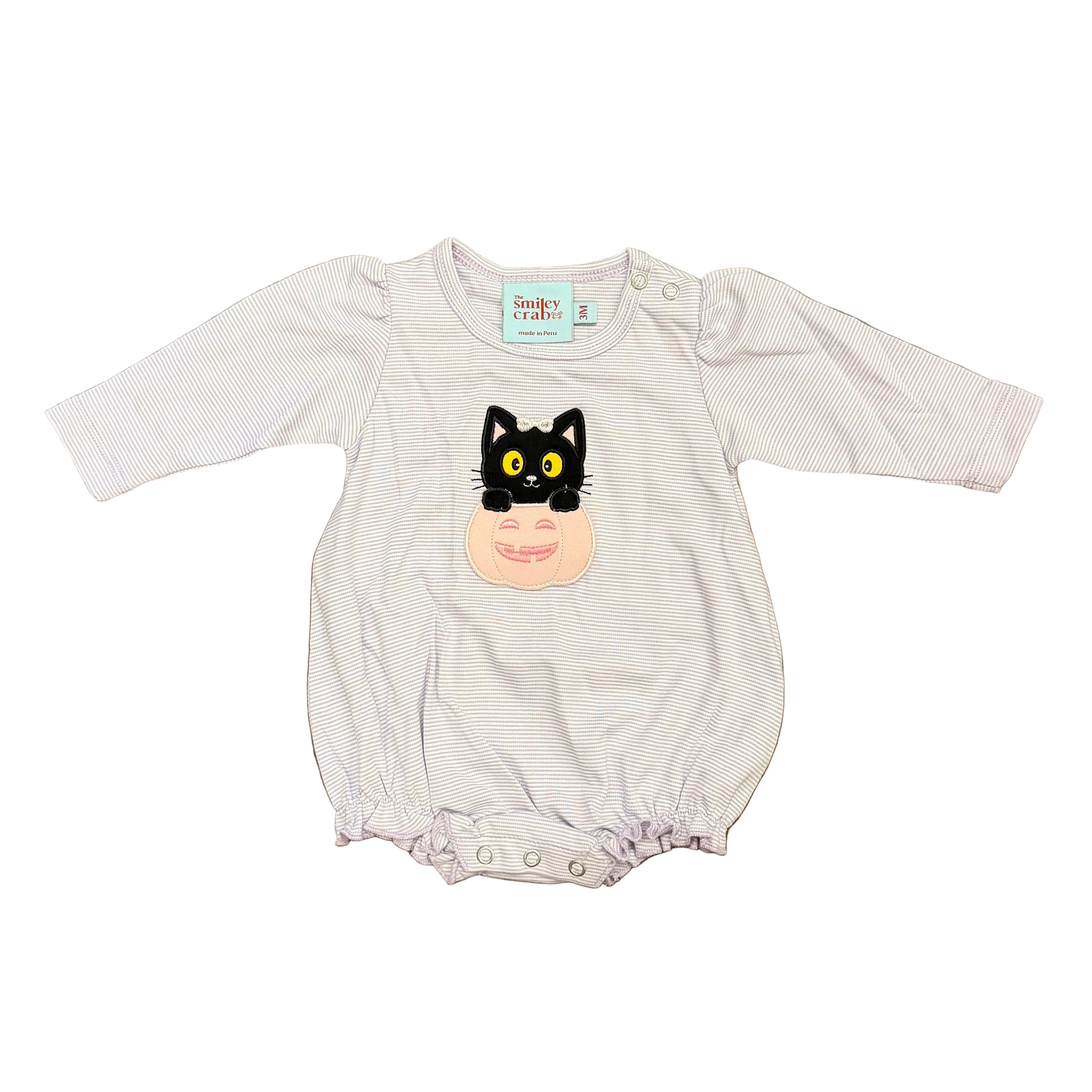 Purple/White Micro Stripe LS Bubble with Black Cat/Jack-o-Lantern Applique