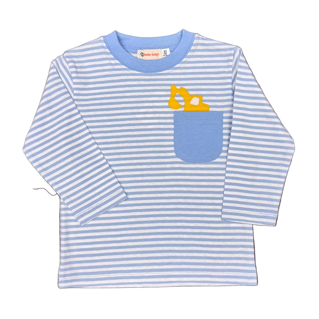 Boys LS Light Blue Stripe Pocket T-Shirt with Backhoe Applique