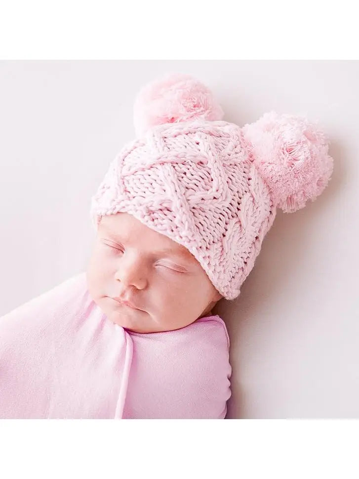 Huggalugs Newborn Aran Double Pom Beanie Hat - Pink