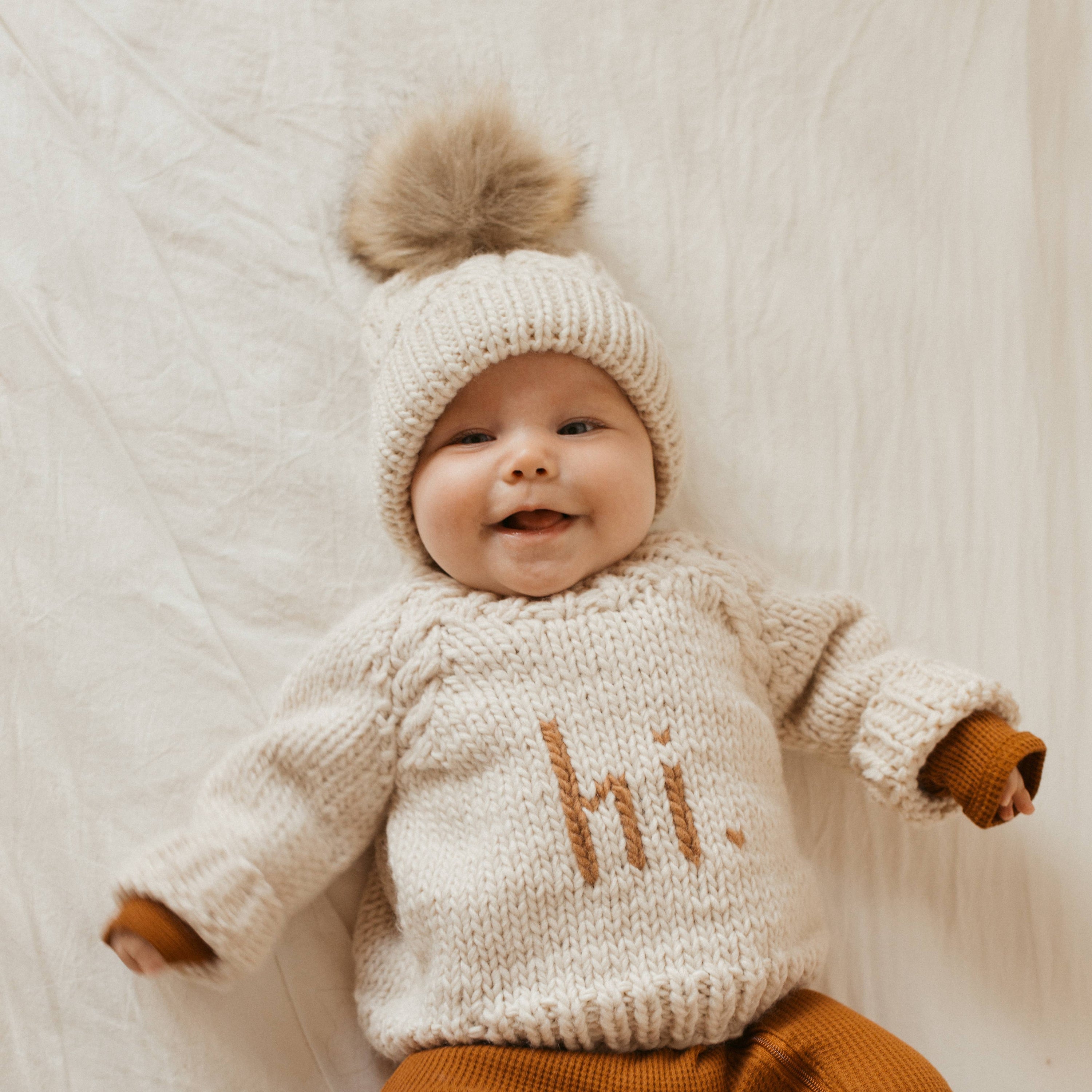 Pop Pom Pom Beanie Hat: Natural