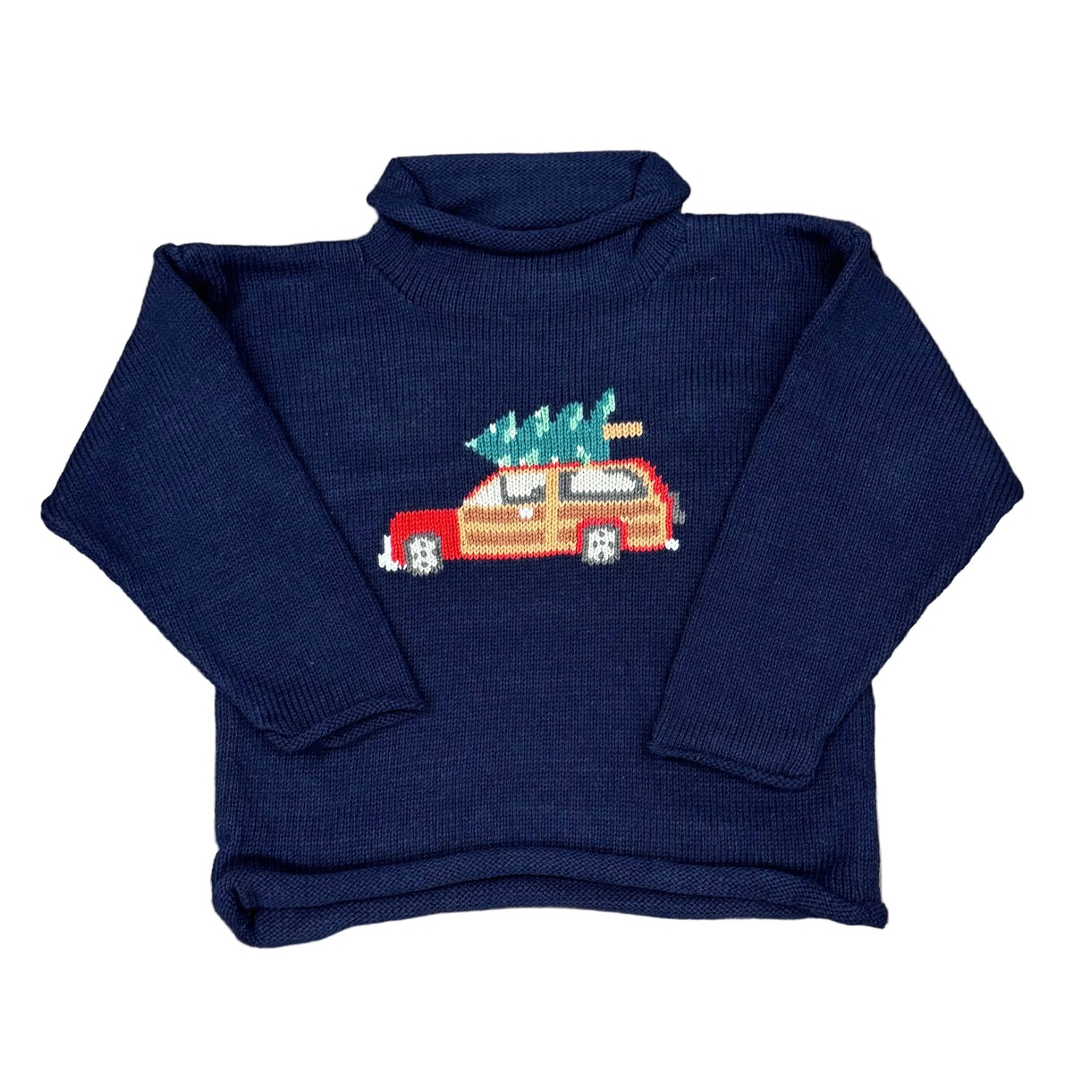 Navy Roll Neck Sweater with Christmas Tree Car