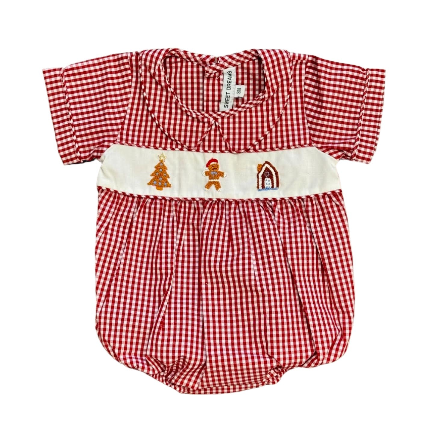 Gingerbread Embroidered Red Gingham Boy Bubble