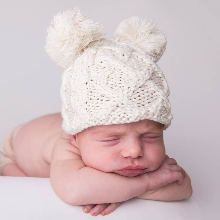 Newborn Baby Aran Natural Double Pom Pom Beanie