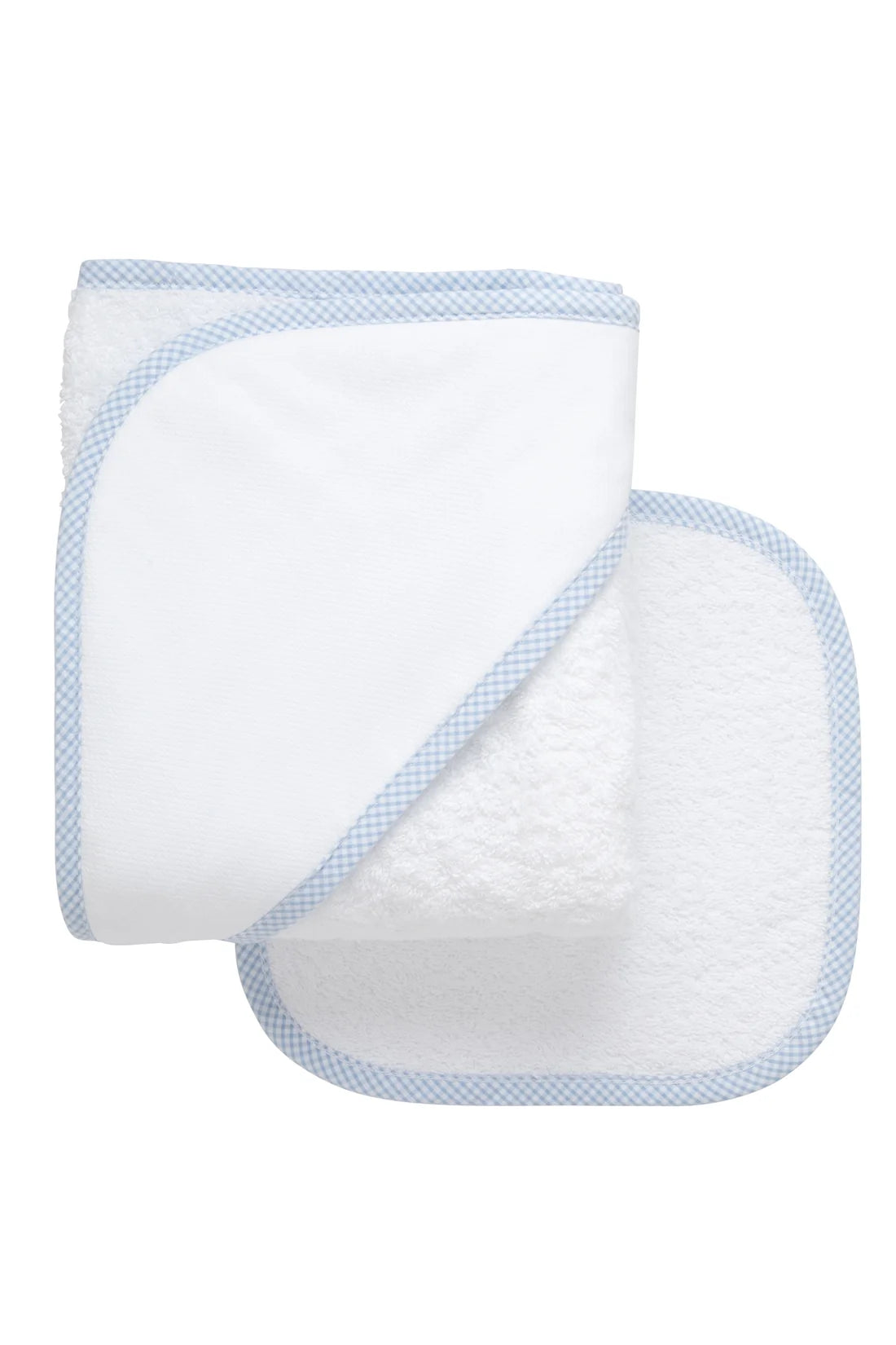Hooded Towel + Washcloth Gift Set: White with Blue Gingham Trim