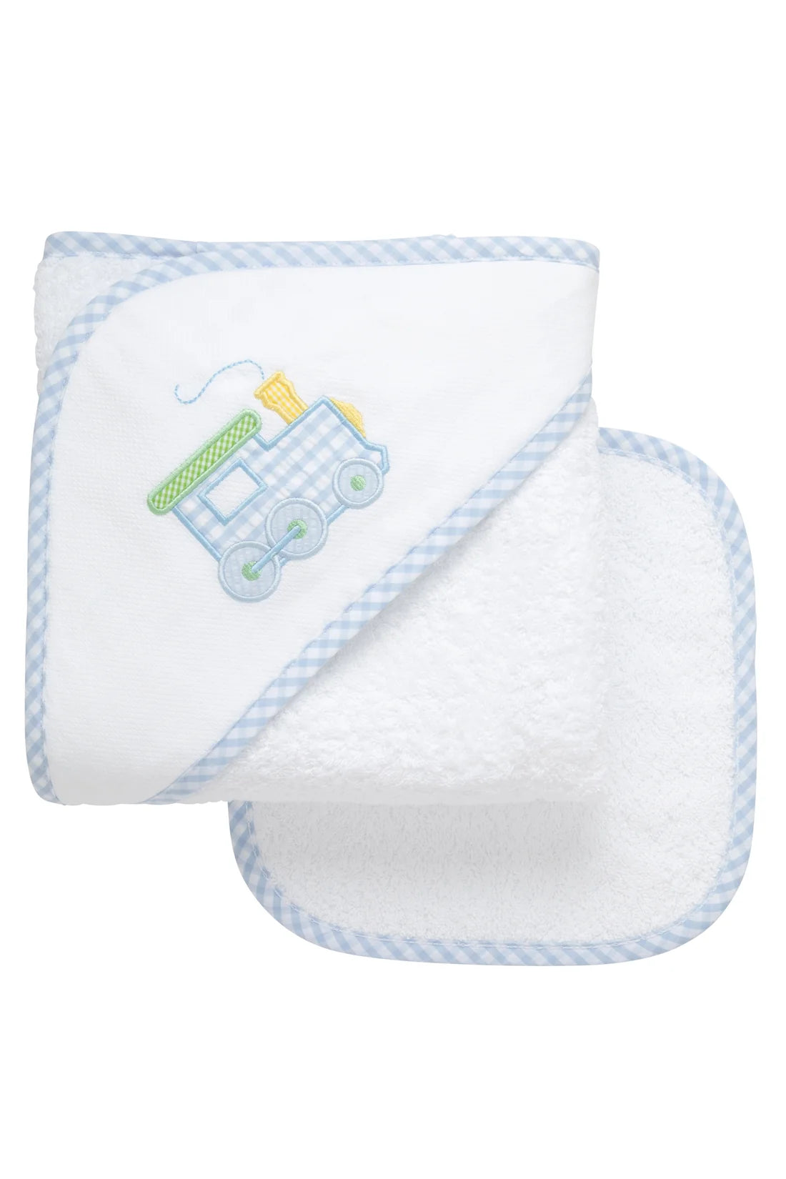 Hooded Towel + Washcloth Gift Set: Train Applique with Blue Seersucker Trim