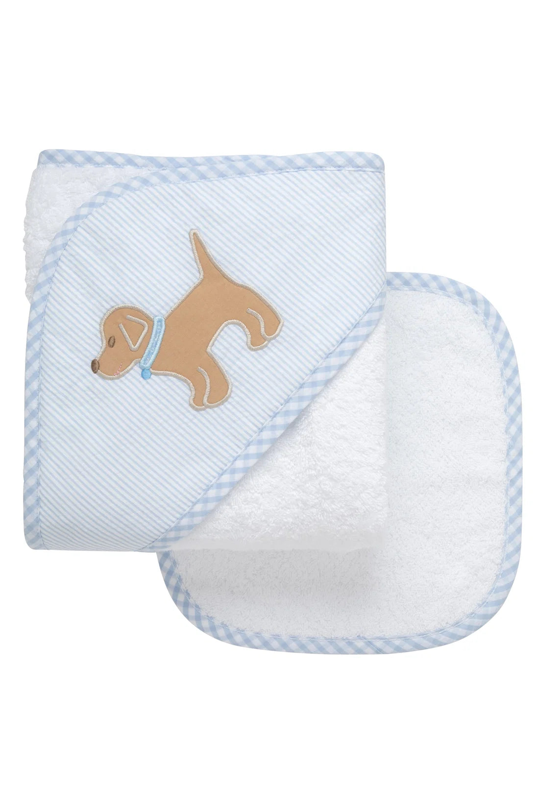 Hooded Towel + Wash Cloth Gift Set: Puppy Applique with Blue Seersucker