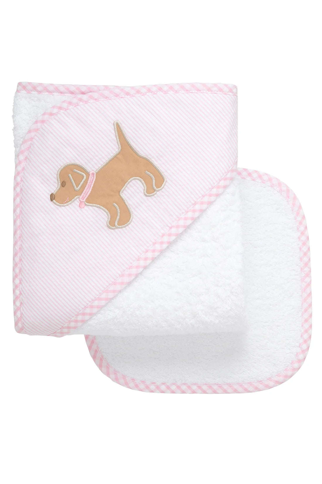 Hooded Towel + Washcloth Gift Set: Puppy Applique with Pink Seersucker