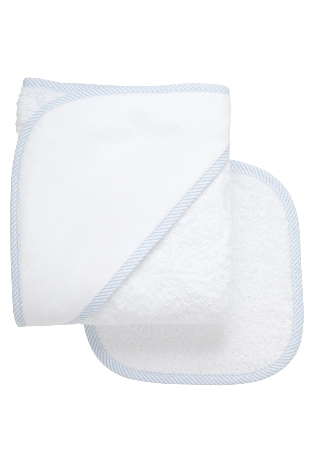 Hooded Towel + Washcloth Gift Set: White with Blue Seersucker Stripe Trim