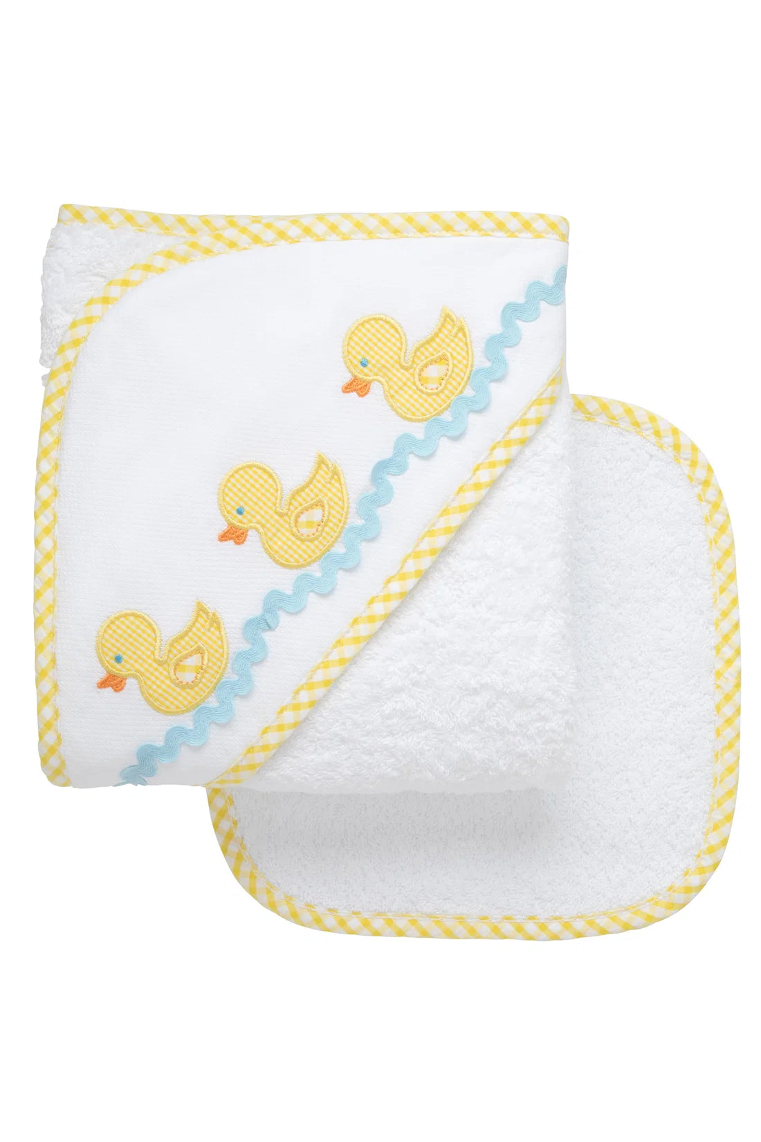 Hooded Towel + Washcloth Gift Set: 3 Rubber Duckies Appliques with Yellow Seersucker Trim