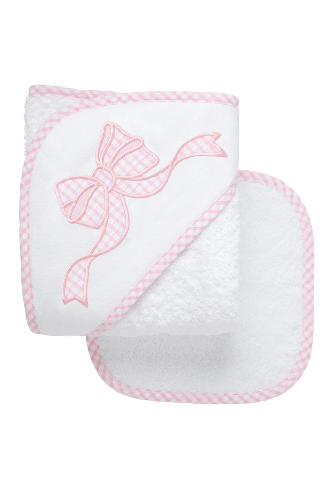 Hooded Towel + Washcloth Gift Set: Bow Applique with Pink Seersucker Trim