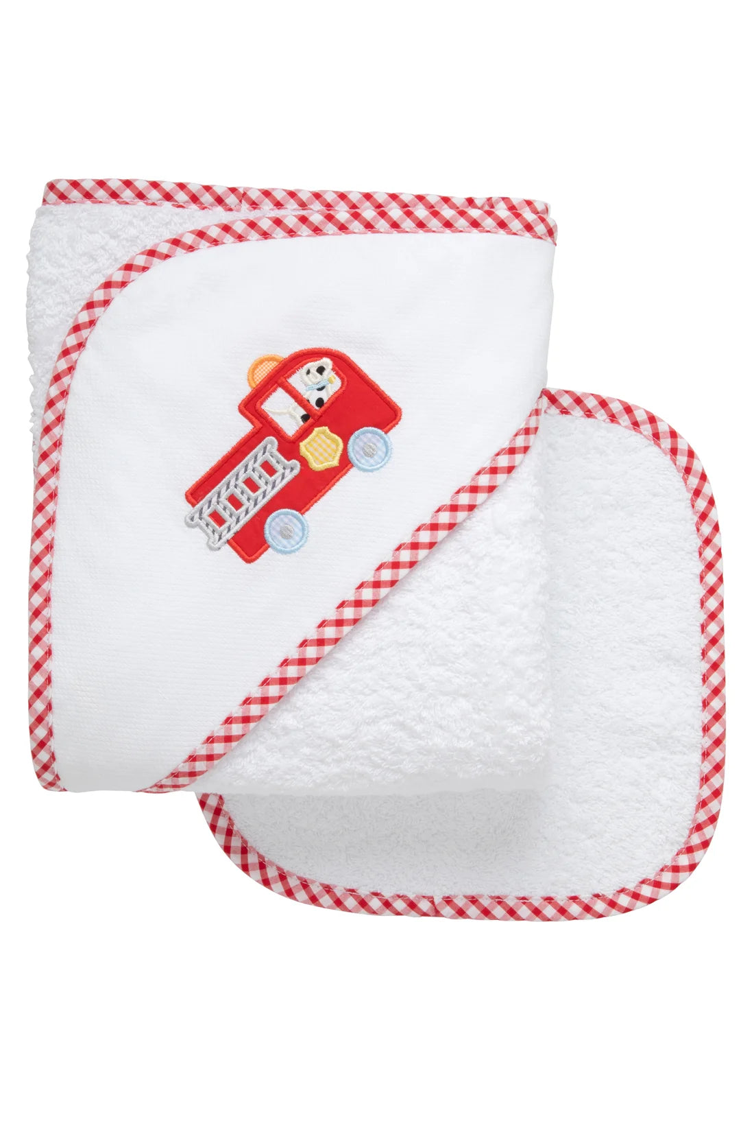 Hooded Towel + Washcloth Gift Set: Fire Truck Applique with Red Gingham Trim
