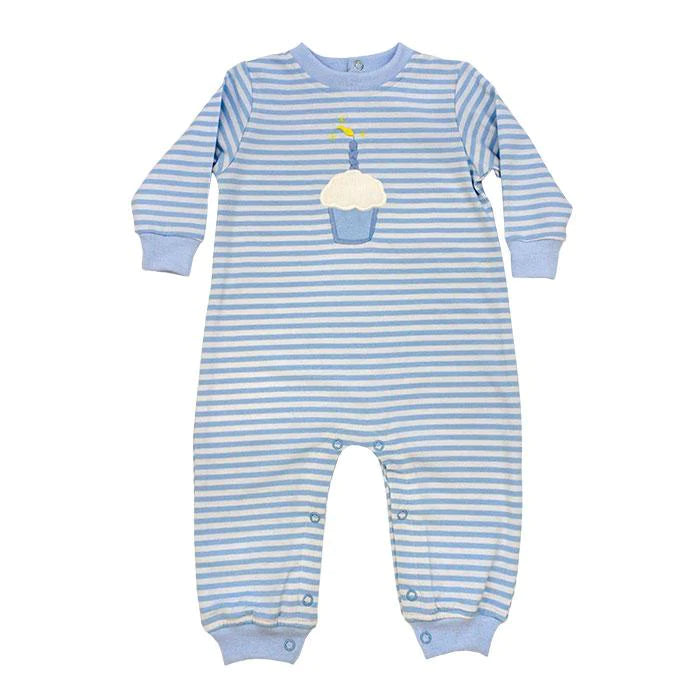 Bailey Boys Cupcakes Knit Romper: Light Blue Strip