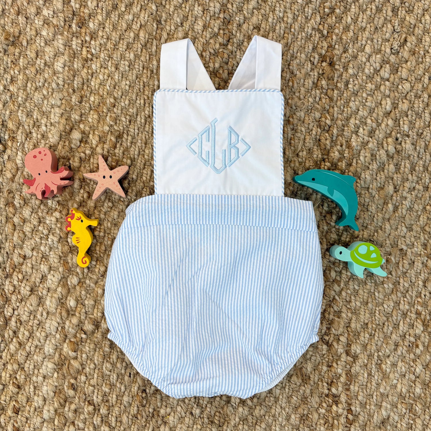 TBBC Sayre Sunsuit: Breakers Blue Seersucker with Wroth Ave White