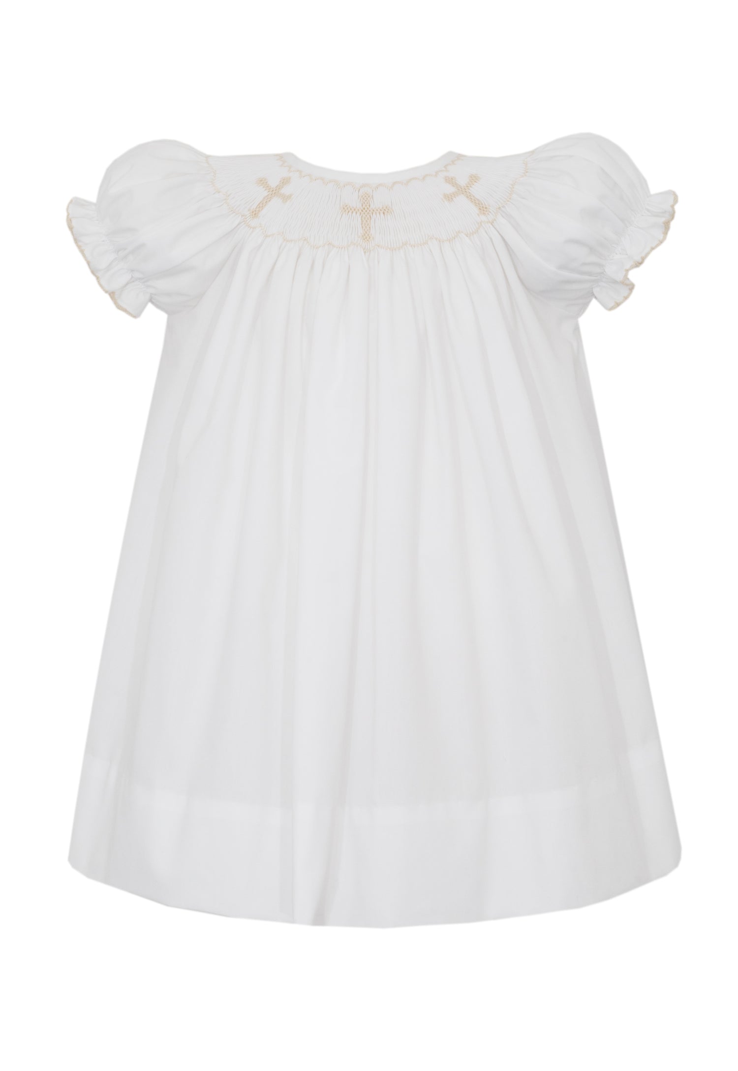White Poplin Bishop Dress with Cross Smocking