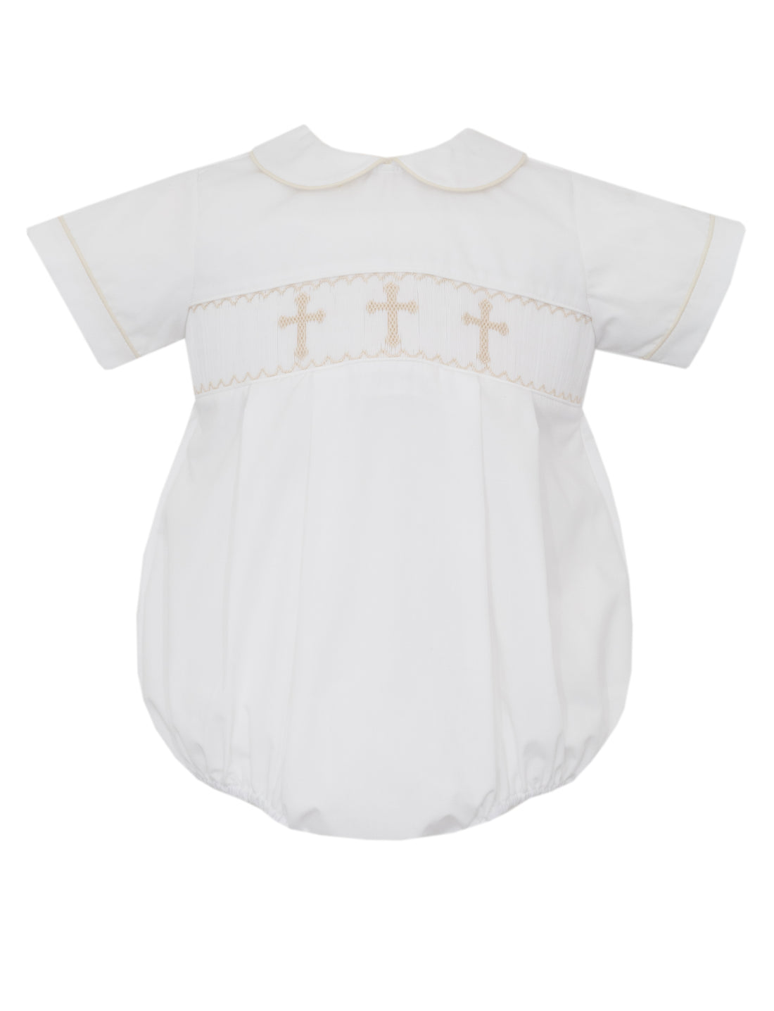 White Poplin Boys Bubble with Cross Smocking