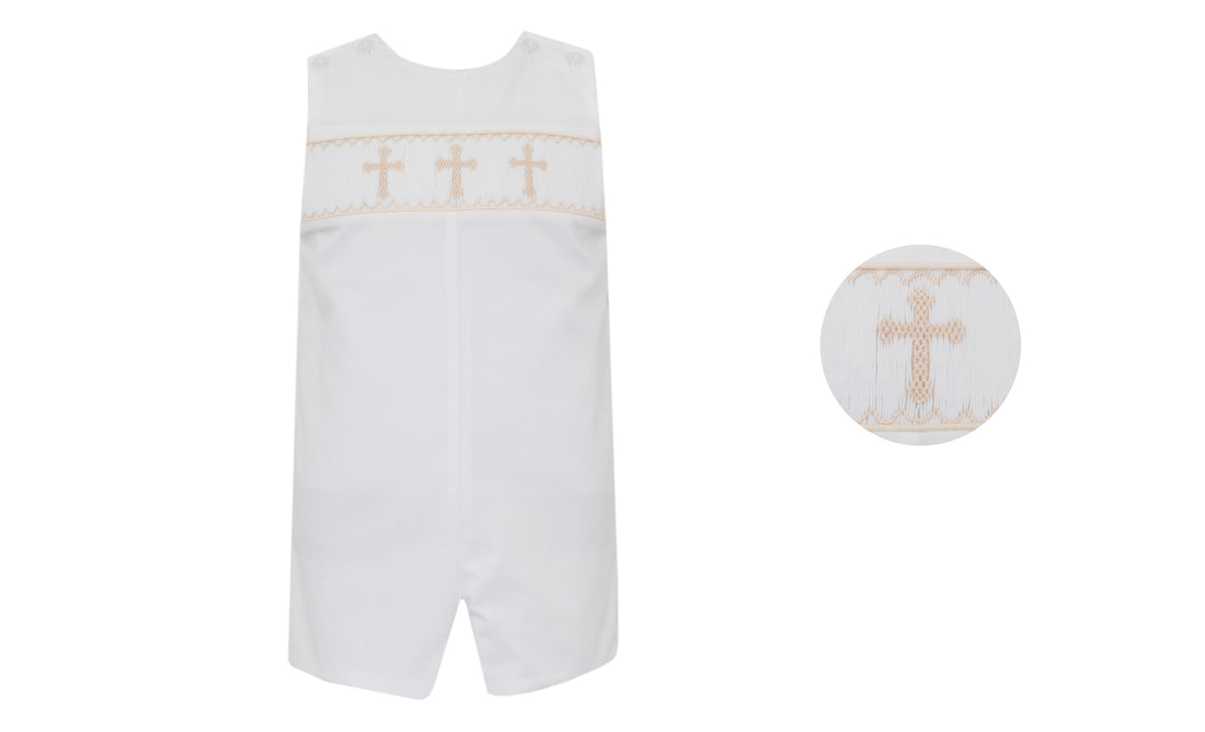 White Poplin Boys Jon Jon with Cross Smocking