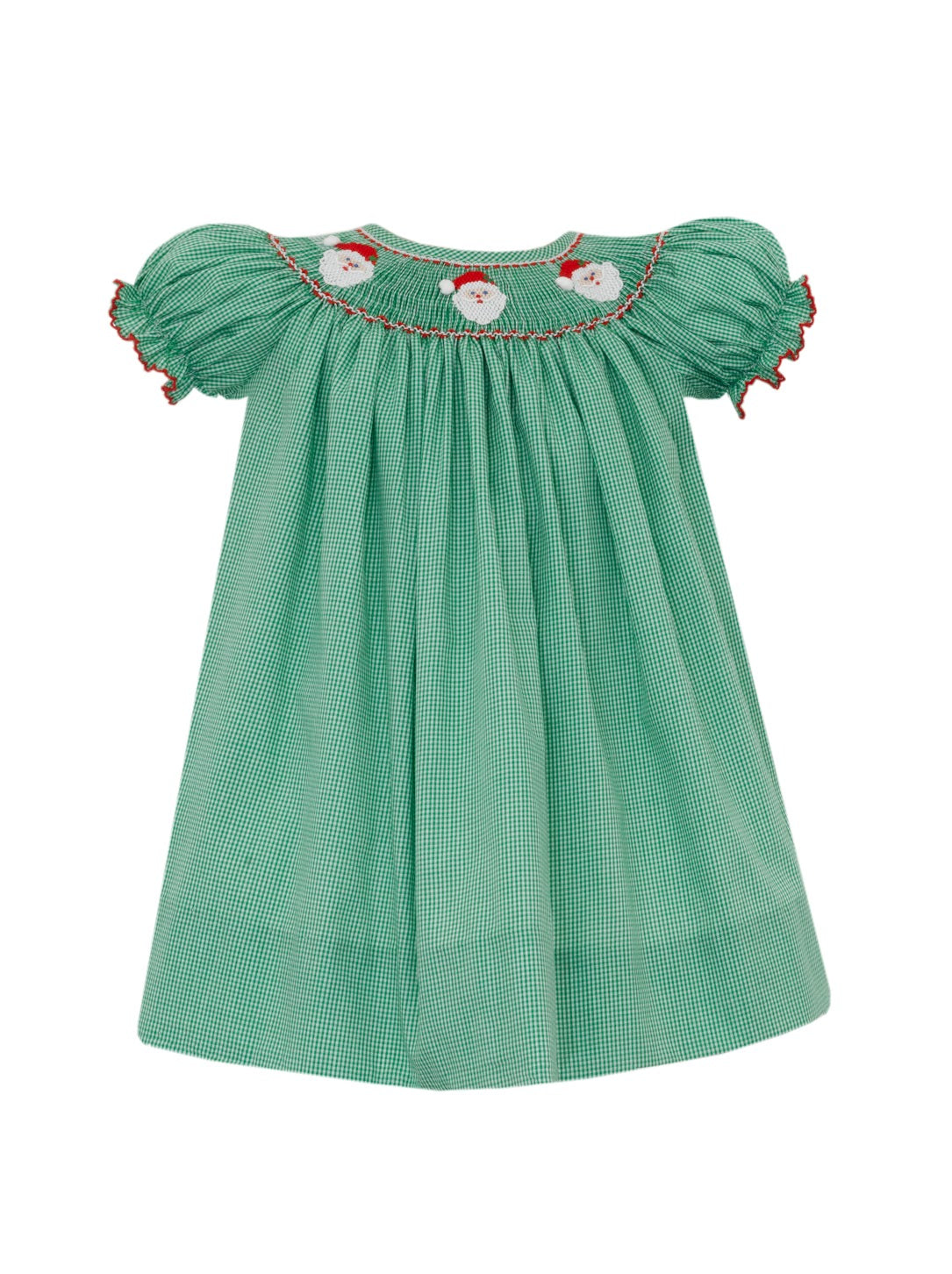 Santa Face Bishop Smocked Green Gingham SS Dress
