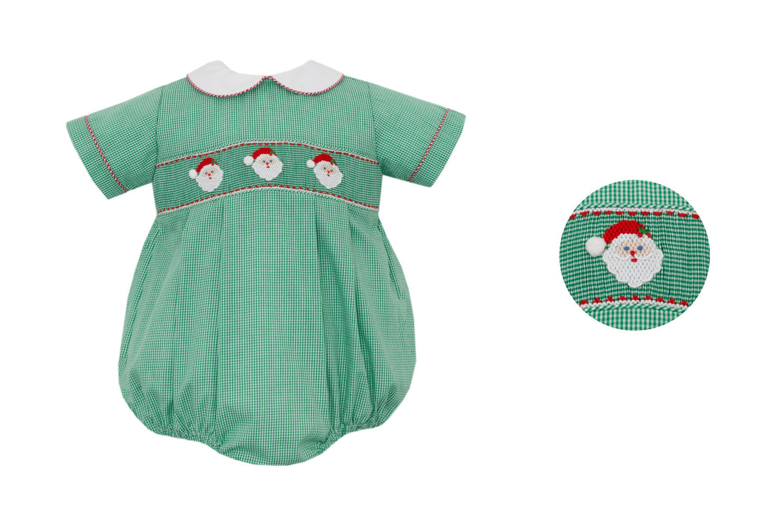 Santa Face Smocked Green Gingham Boy Bubble