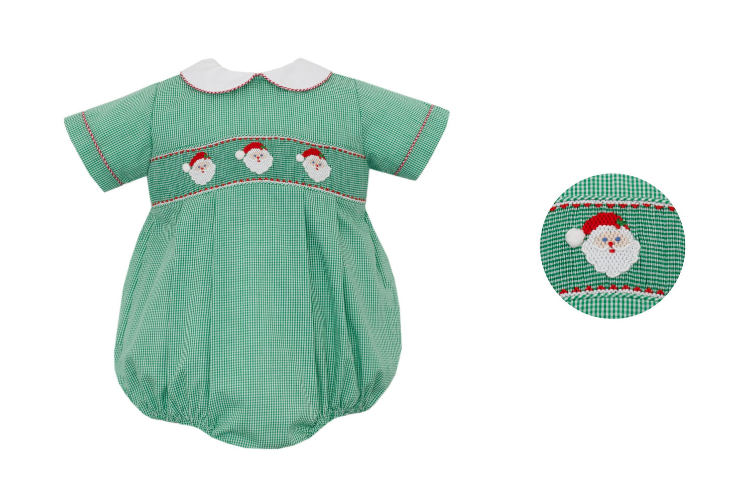 Santa Face Smocked Green Gingham Boy Bubble