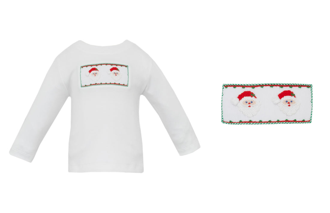 Santa Face Smocked White Knit LS T-Shirt