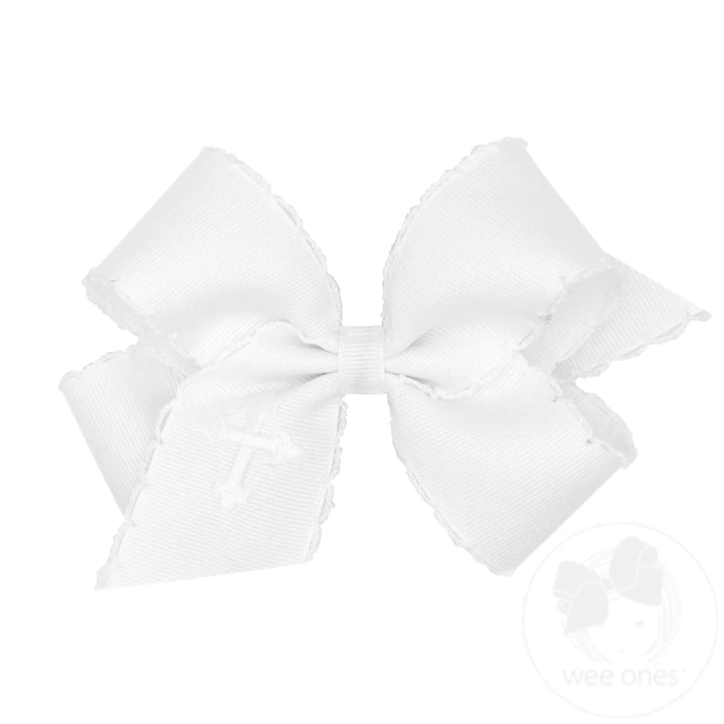 White Grosgrain Hair Bow with Moonstitch Edge and Cross Embroidery on Tail