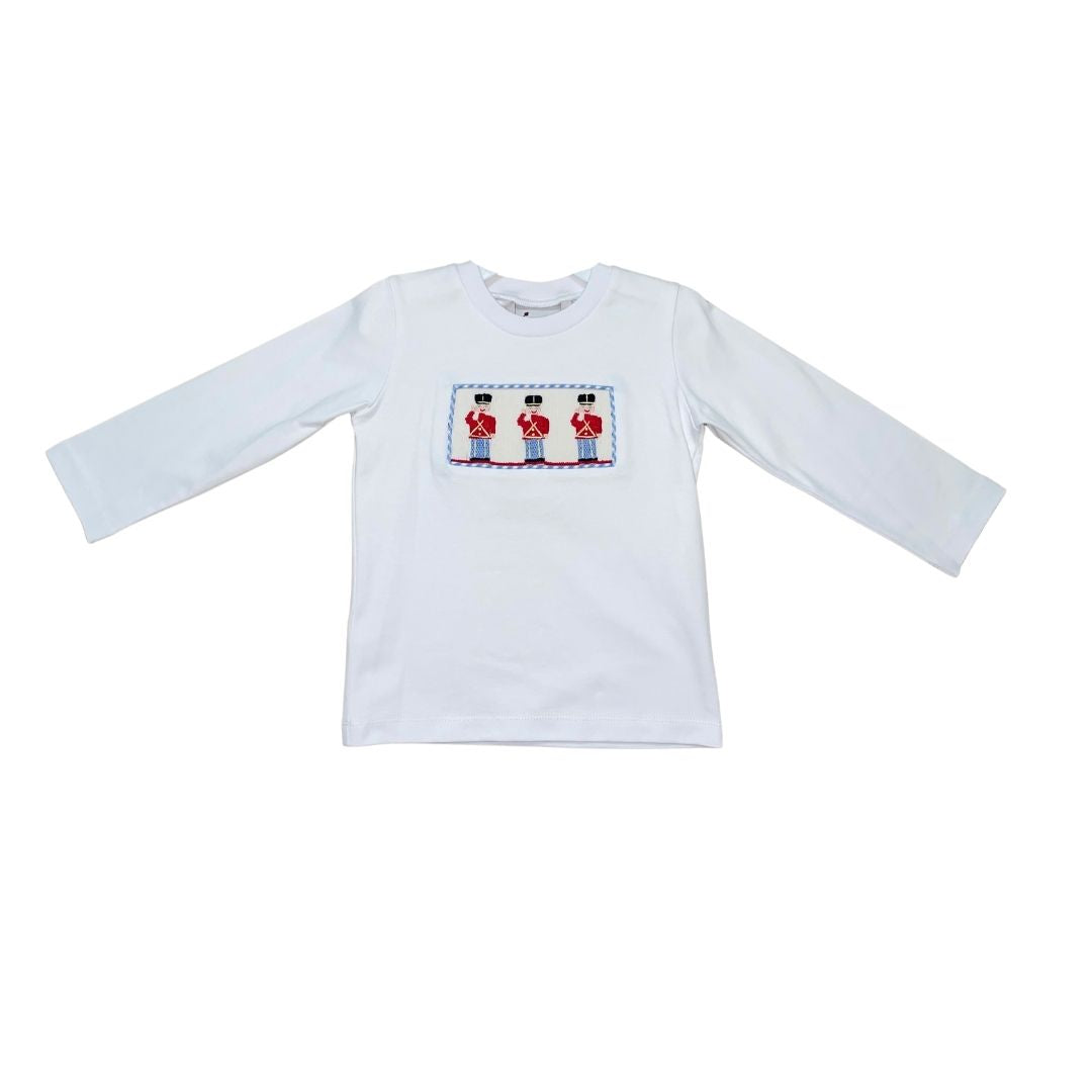 White Knit LS T-Shirt with Toy Soldier Smocking