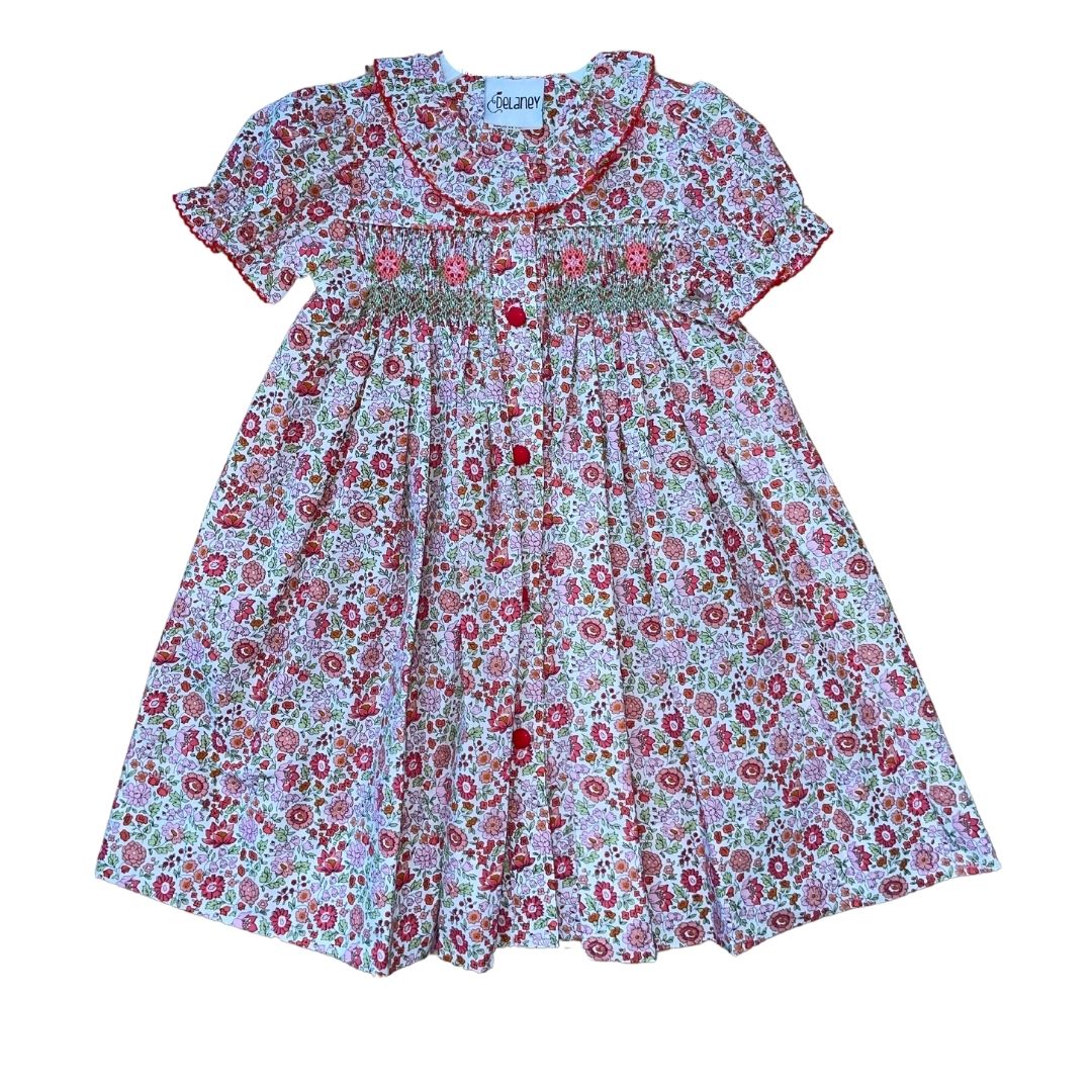 Rust Floral Button Front Smocked Dress