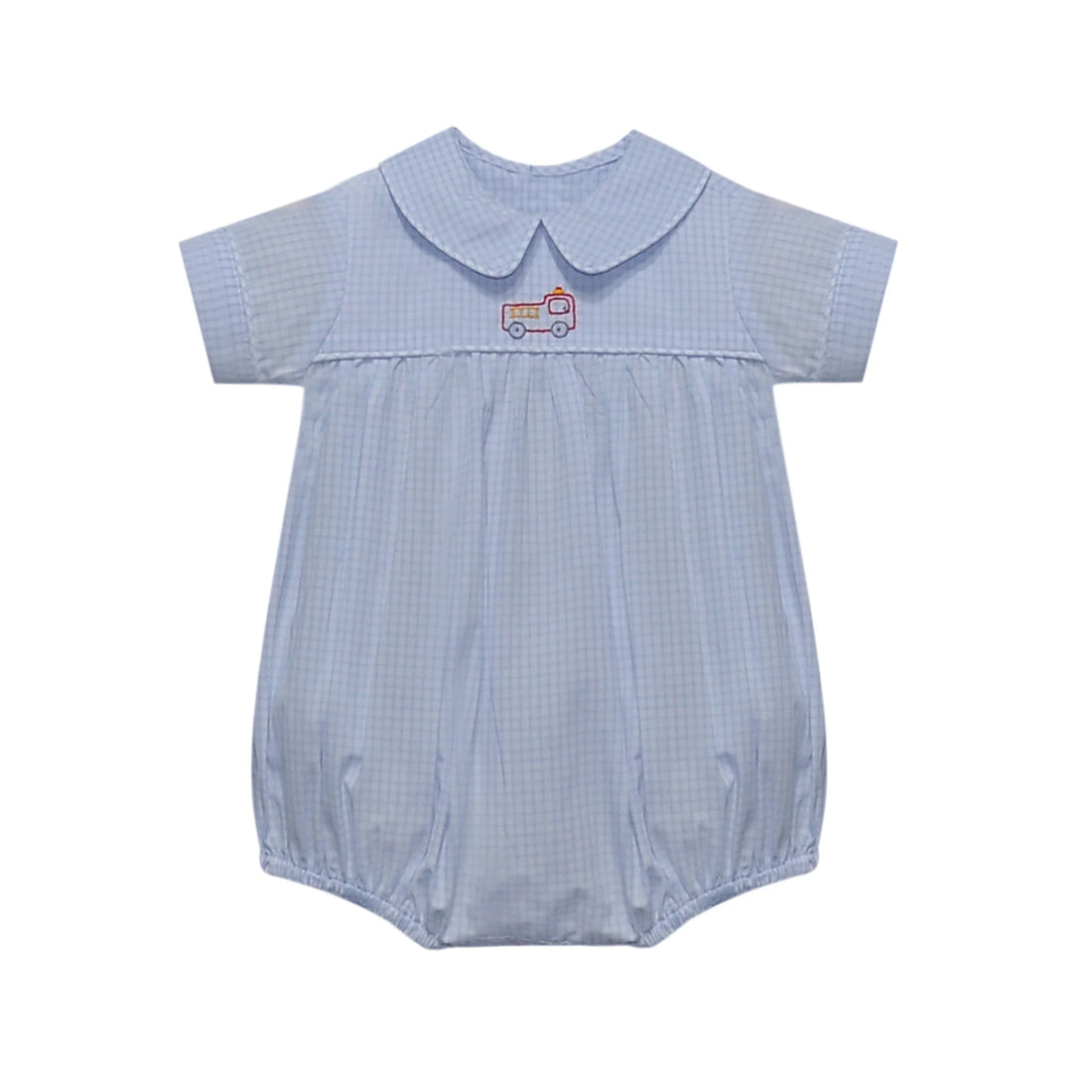 Light Blue Gingham Tate Boy Bubble: Fire Truck