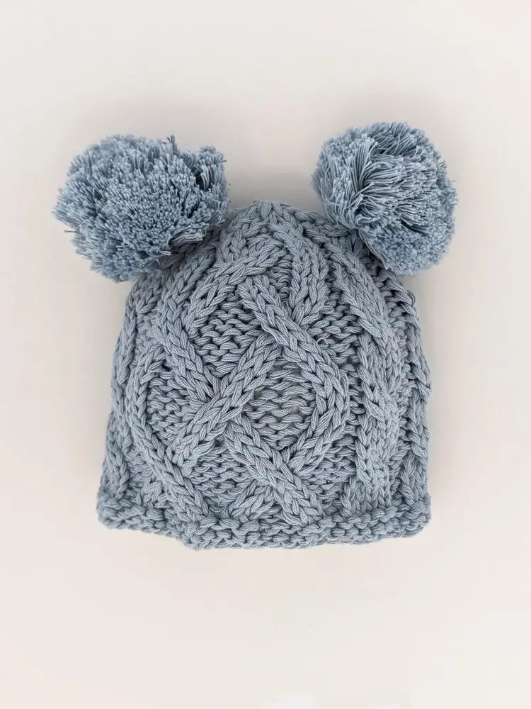 Newborn Aran Double Pom Beanie Hat: Chambray