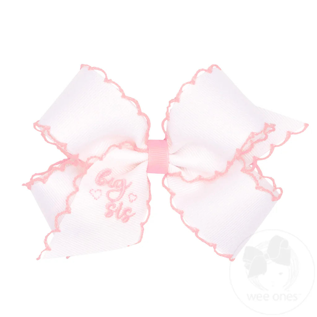 Medium &quot;Big Sis&quot; Embroidered Grosgrain Hair Bow with Light Pink Moonstitch Edge