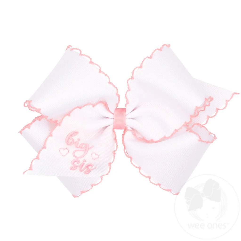 King &quot;Big Sis&quot; Embroidered Grosgrain Hair Bow with Light Pink Moonstitch Edge