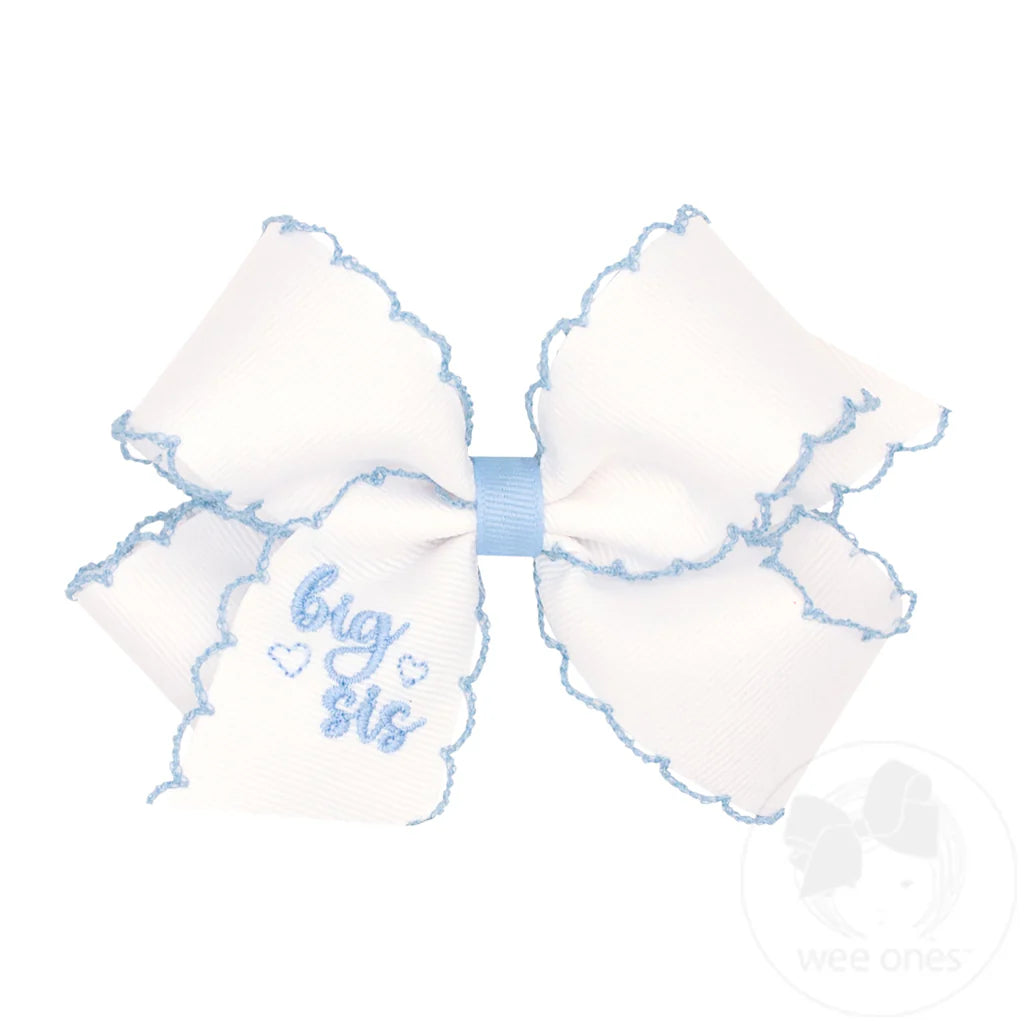 Medium &quot;Big Sis&quot; Embroidered Grosgrain Hair Bow with Millennium Blue Moonstitch Edge