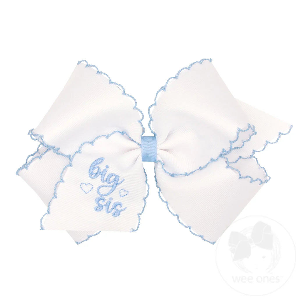 King &quot;Big Sis&quot; Embroidered Grosgrain Hair Bow with Millennium Blue Moonstitch Edge