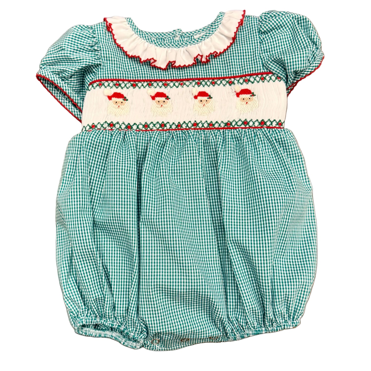 Green Gingham Santa Smock-Waist Bubble with Ruffle Collar