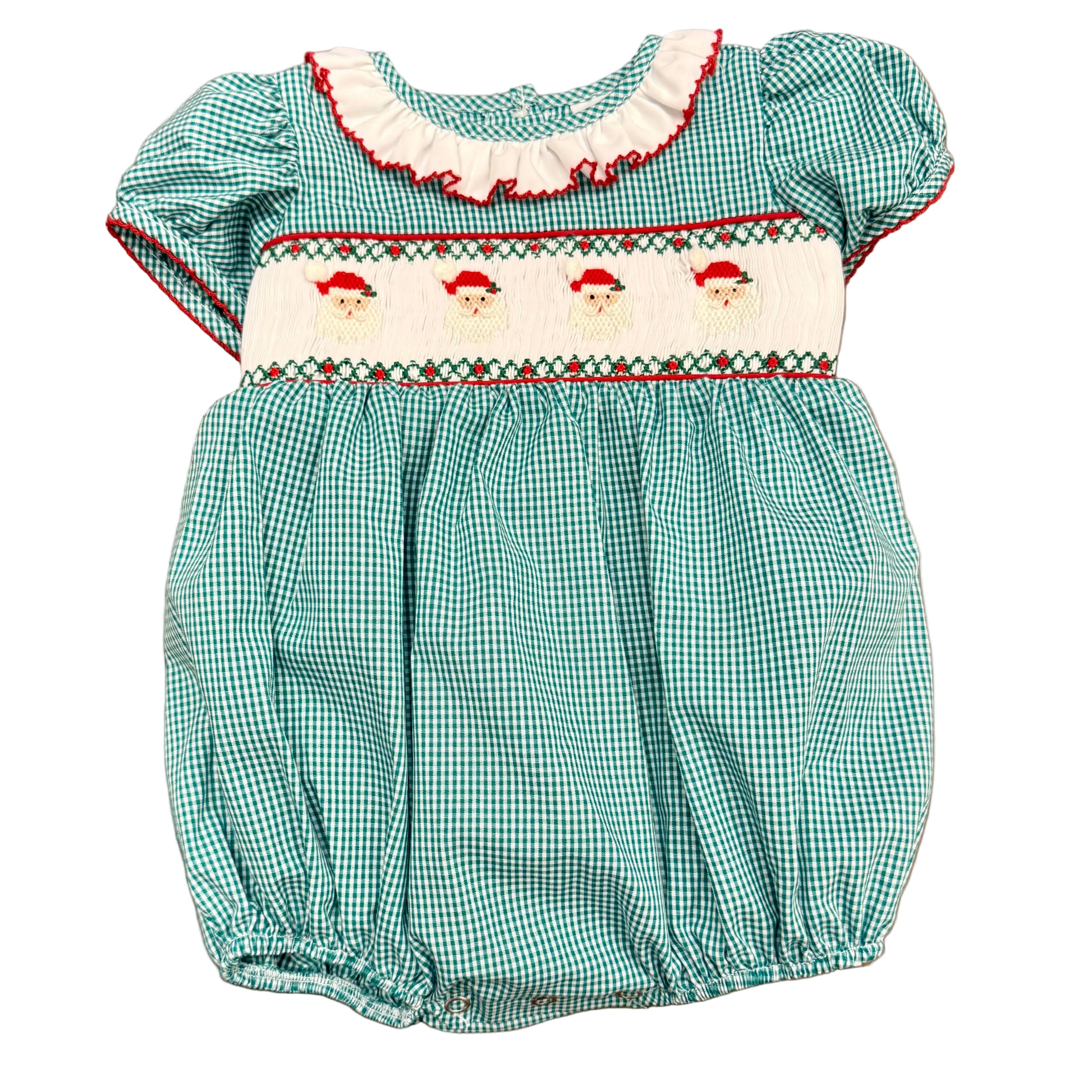 Green Gingham Santa Smock-Waist Bubble with Ruffle Collar
