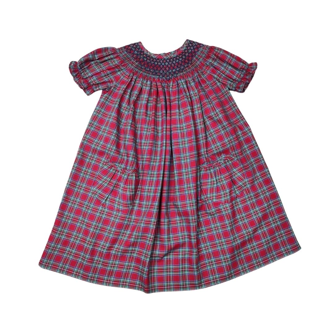 Red Plaid Geo Smocked Bishop Dress