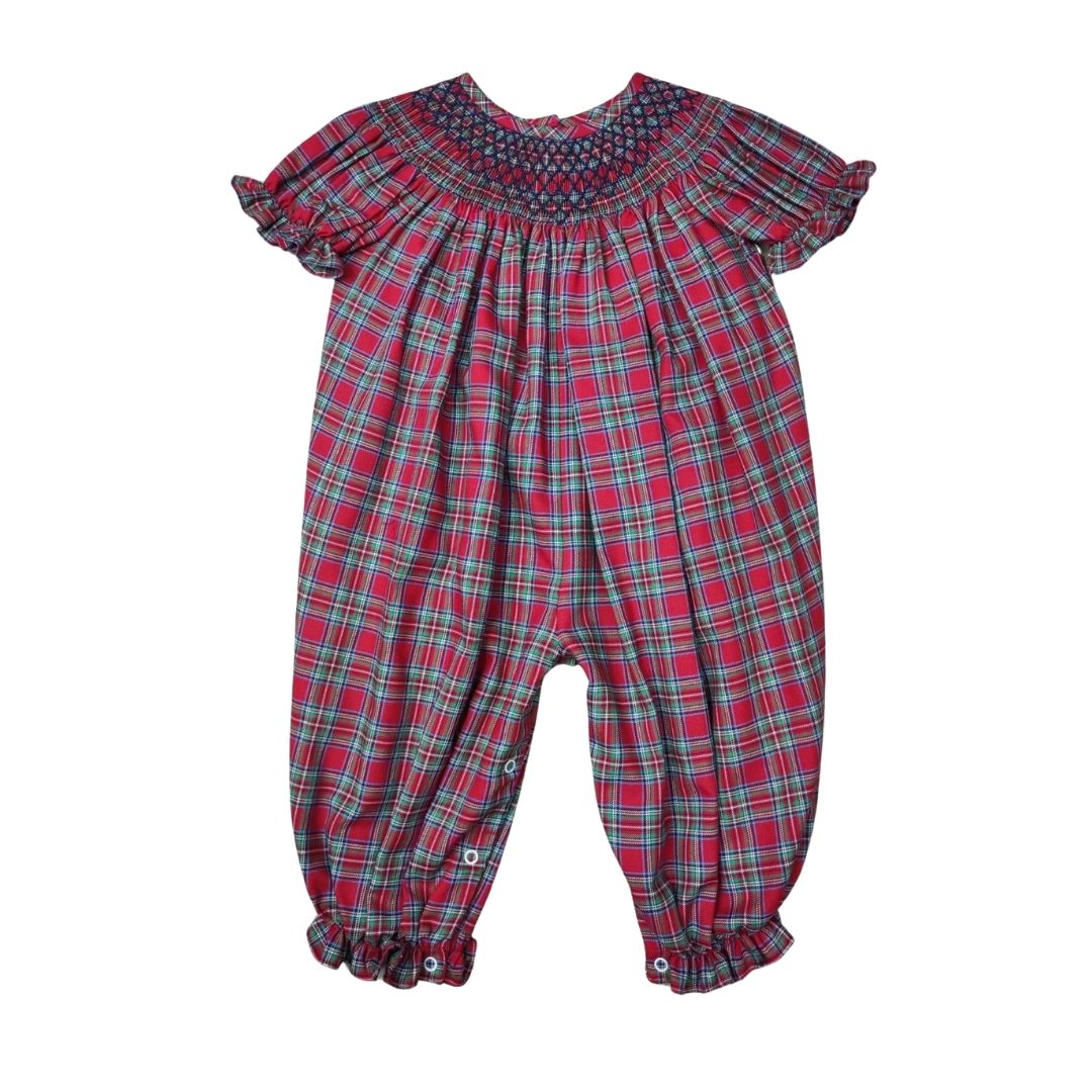 Red Plaid Geo Smocked Long Bubble