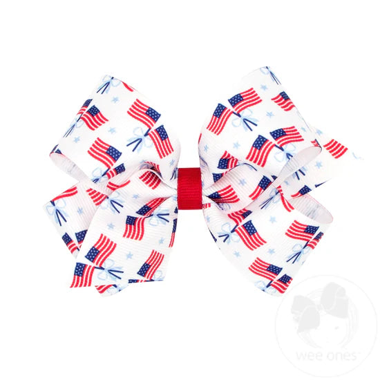 King Grosgrain Hair Bow with Americana Print: Flags