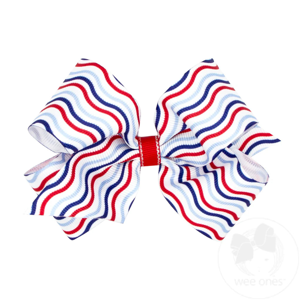 King Grosgrain Hair Bow with Americana Print: Stripes