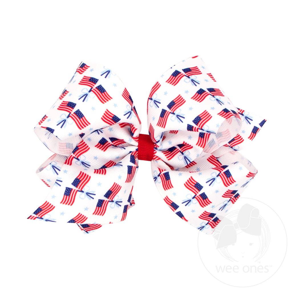 King Grosgrain Hair Bow with Americana Print: Flags