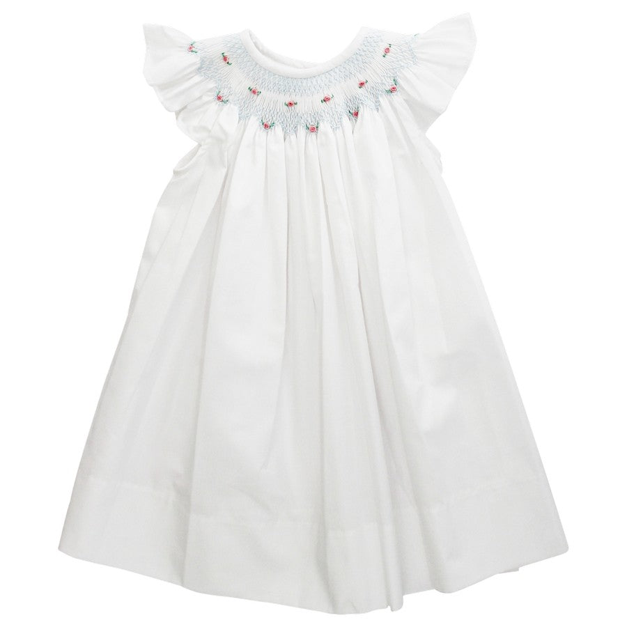 White Bishop Smocked Dress: Rosebuds