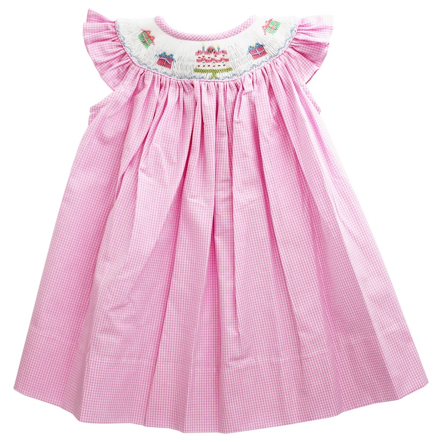 Happy Birthday Smocked Bishop Dress: Pink Gingham