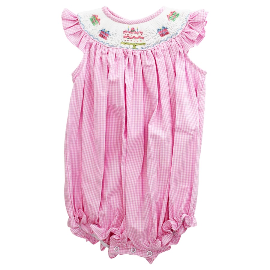 Happy Birthday Smocked Bishop Bubble: Pink Gingham